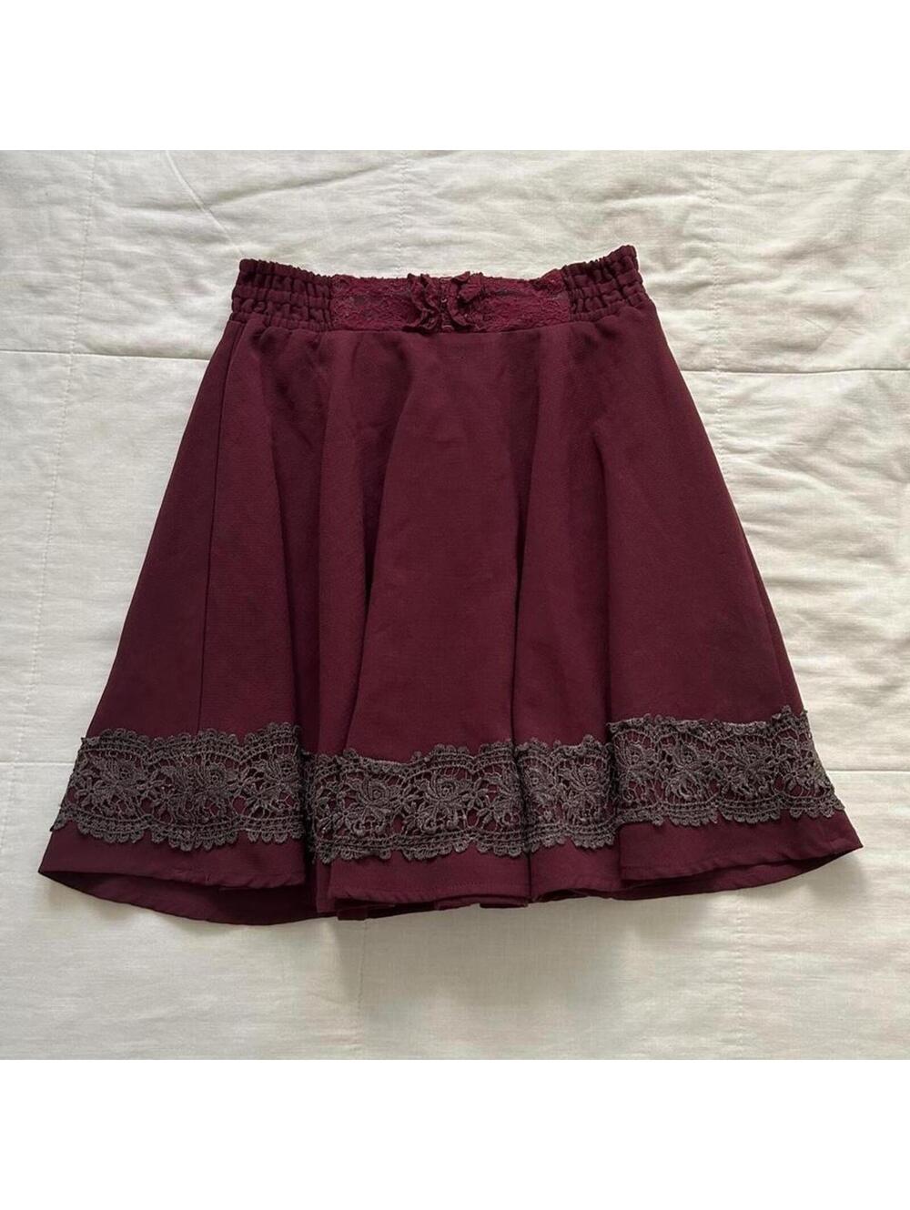 Axes Femme Burgundy Red Lace Ruffle Skirt Elastic Waist Medium